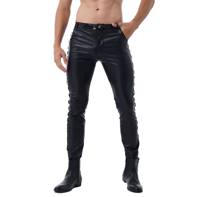 흑인 남성 라텍스 바지 낮은 허리 Legging 반짝 이는 가짜 가죽 바지 Clubwear 쇼 락 밴드 성능을위한 패션 꽉 바지
