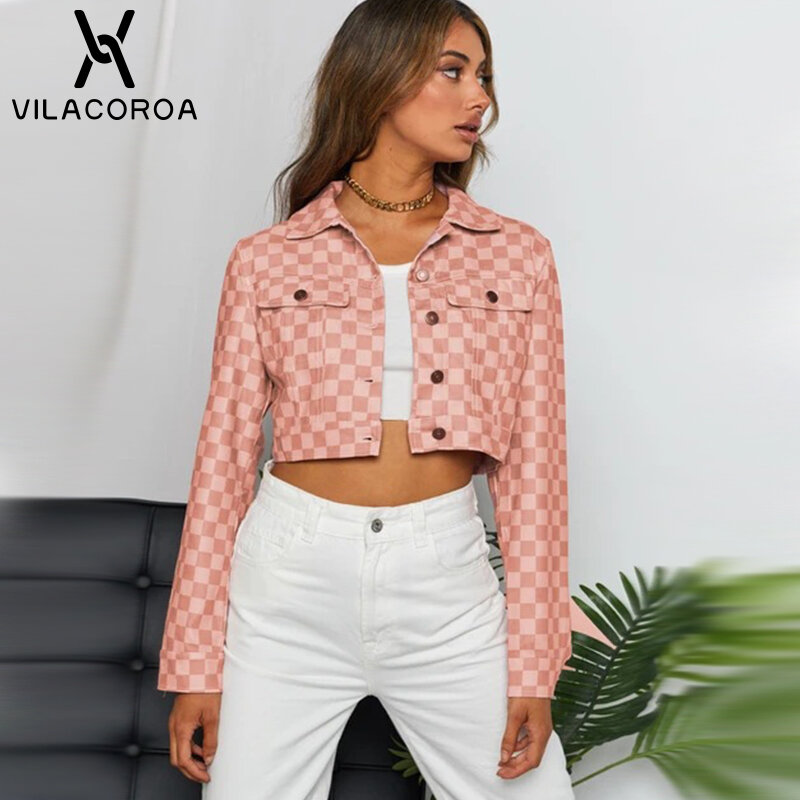 Pink Jacket Plaid Print Vintage Women Tops Turn-Down Collar Autumn Long Sleeve Coat Street Short Casual Jackets Female Clothes