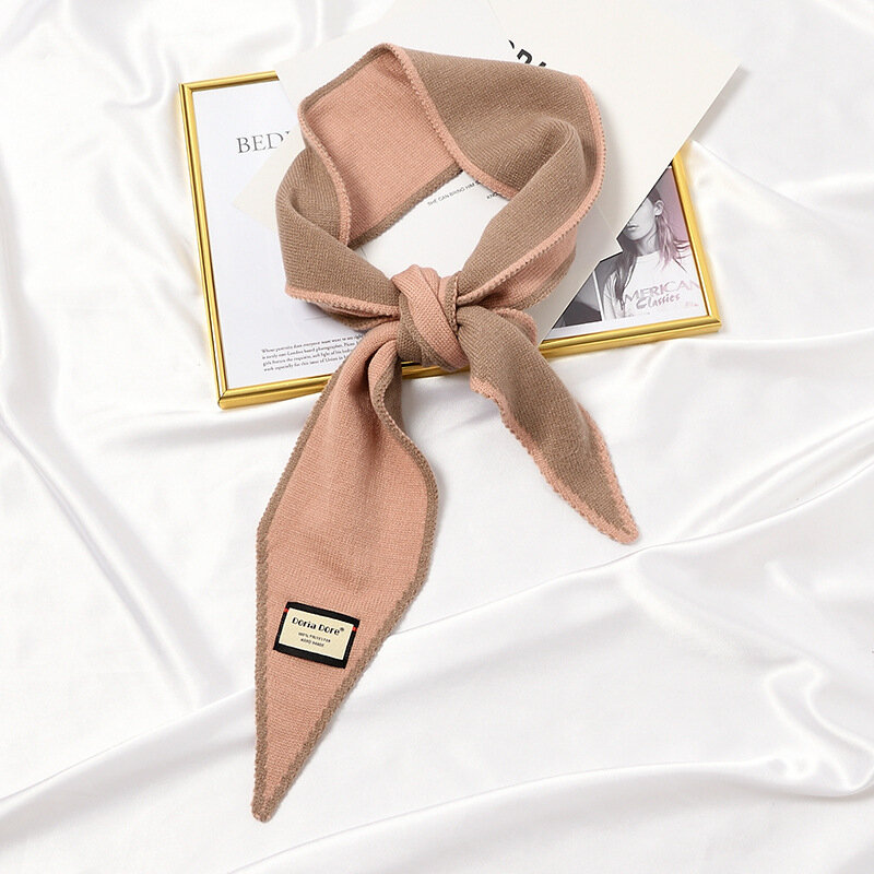 럭셔리 디자이너 브랜드 양모 니트 스카프 여성용, 작은 타이 보온 패션 뾰족한 반다나