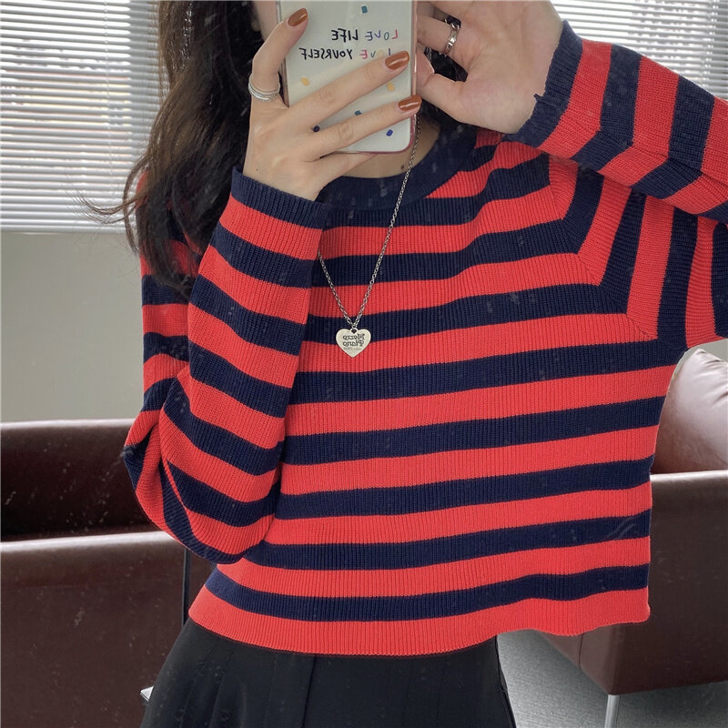 Oversized Casual  Pullovers 2022 New Women's Short Long Sleeved Black White Striped Sweater Spring Thin Knitted Fashion Tops