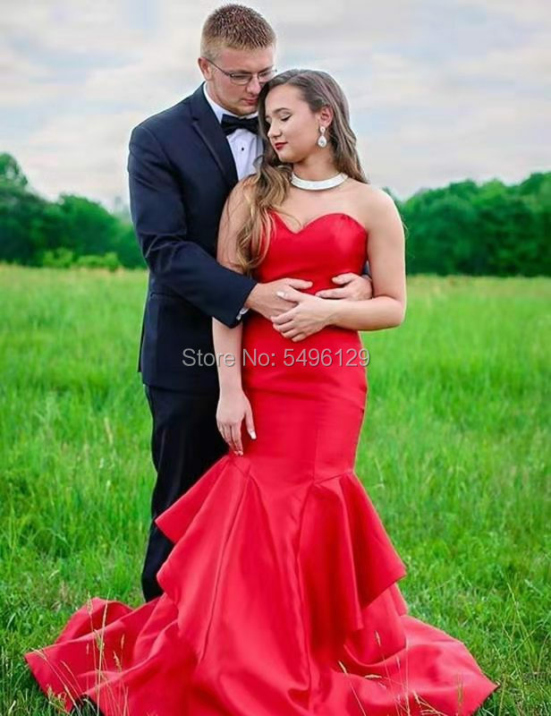 Robe De bal sirène en Satin rouge, jupe à volants, épaules dénudées, tenue De mariage