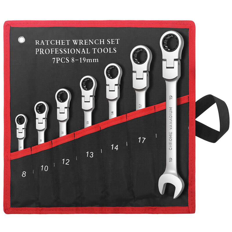 Set di chiavi combinate a cricchetto Flex-Head da 7 pezzi, chiave a cricchetto a 12 punti, estremità scatola da 72 denti e Set di chiavi aperte con custodia