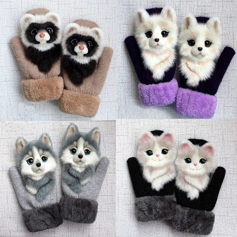 Hot Animal Cat Dog Panda Racoon Design Kid Winter Warm Gloves 22cm Long Cute Girl Mittens Full Fingers Fashion Princess Guantes