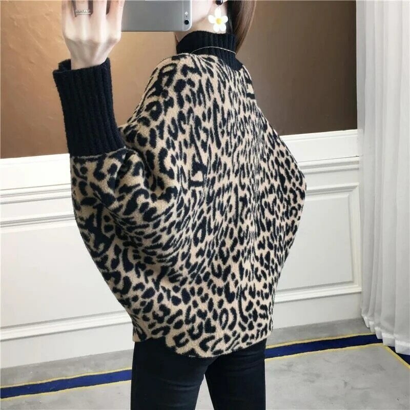 Suéter de punto de leopardo para mujer, jerseys Vintage 2021, cuello alto, manga de murciélago, grueso, cálido, Tops