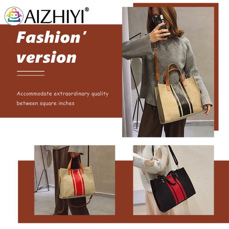Fashion Ladies Canvas Hit Color Stripe Printing Shoulder Crossbody Messenger Bag Casual Top-handle Large Capacity Tote Handbags
