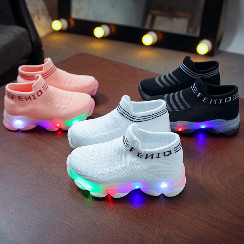 Children Sneakers Baby Girls Boys Letter Mesh Led Luminous Socks Sport Run Sneakers Shoes Sapato Infantil Led Light Up Shoes
