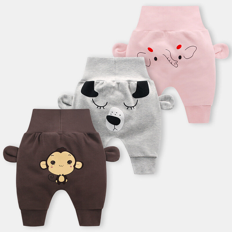 Pantalones bonitos de dibujos animados para bebé, niño y niña, pantalones de protección de cintura alta para el vientre, para niño pequeño, primavera y otoño, artículos baratos