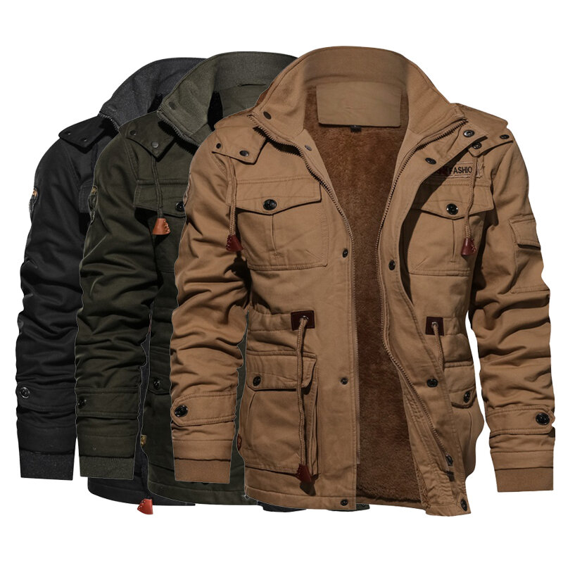 Militar acolchoado hoodie vestuário mais veludo acolchoado meados de comprimento lavado algodão jaqueta plus size inverno jaqueta à prova de vento masculino