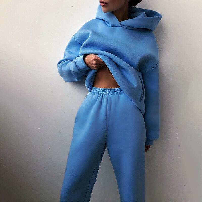 Hoodies Two Piece Set Women Long Sleeve Solid Casual Pocket Pullover Suit Spring 2021 Elastic Sports Pants Female Tracksuit