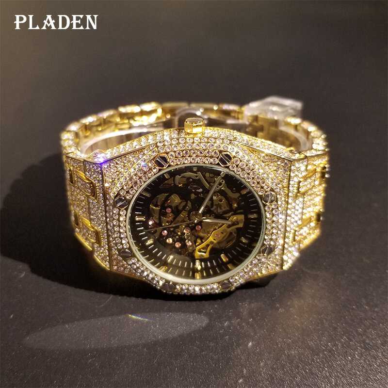 MISSFOX-전체 다이아몬드 자동 기계식 남성 시계, 럭셔리 스틸 스켈레톤 시계, 힙합 아이스 뚜르비용 손목 시계 선물