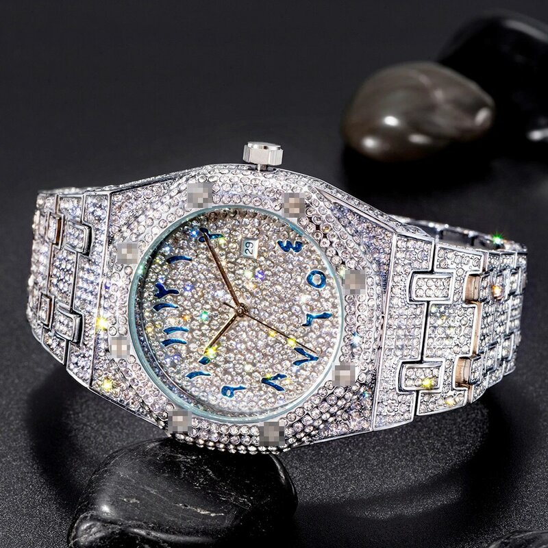 Hiphop missfox único árabe masculino relógios data quartzo relógio de pulso ouro prata aço inoxidável luxo diamante relógio para homem jóias
