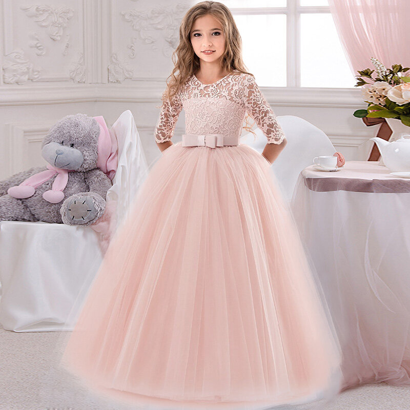 Girl Children Wedding Christmas Dress white First Communion Long Lace Princess Prom Dress Party for Girl 10 12 Year Vestidos