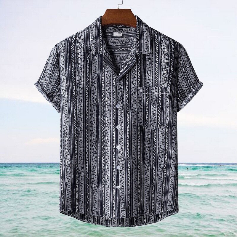 Verão camisa havaiana impressão geométrica manga curta lapela pescoço botão casual praia camisas masculino 2021 streetwear