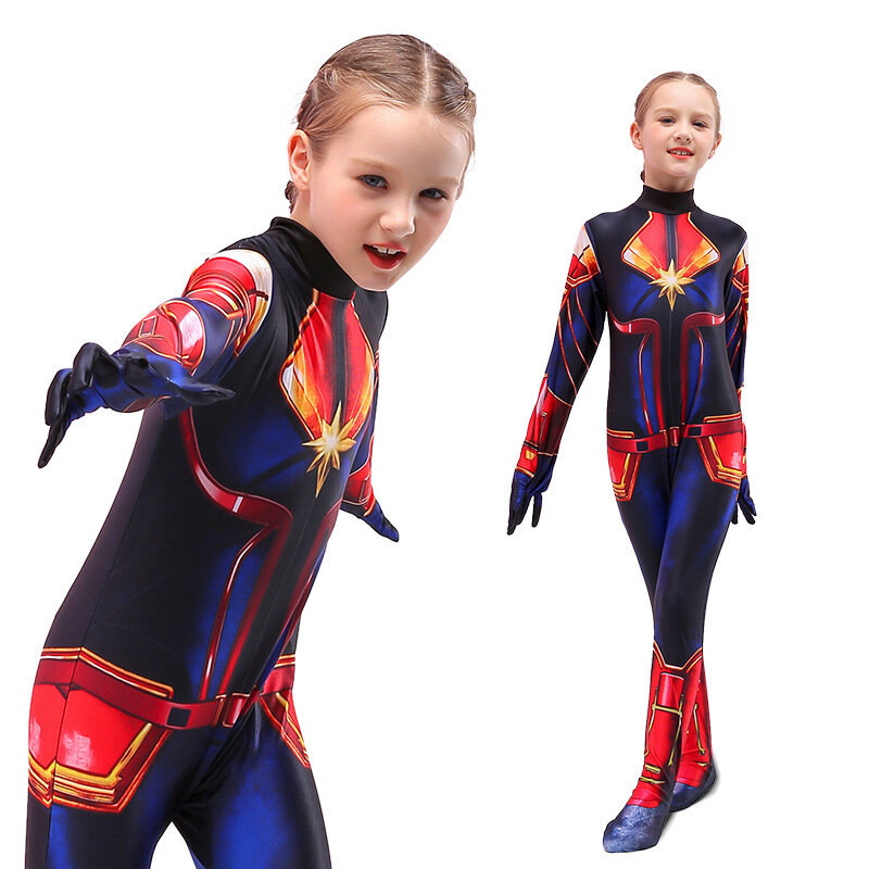 Children Captain Girls Cosplay Superhero Ms Marvel Carol Danvers Bodysuit Jumpsuit Girls Halloween Costume for Kids