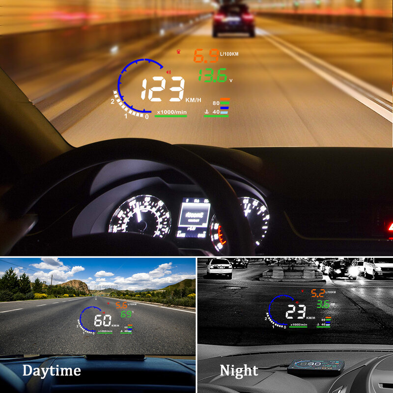 A8 HUD Head Up Display Hot selling 5.5 inch Multi-color OBD2 speed water temperature voltage fuel consumption driving mileage