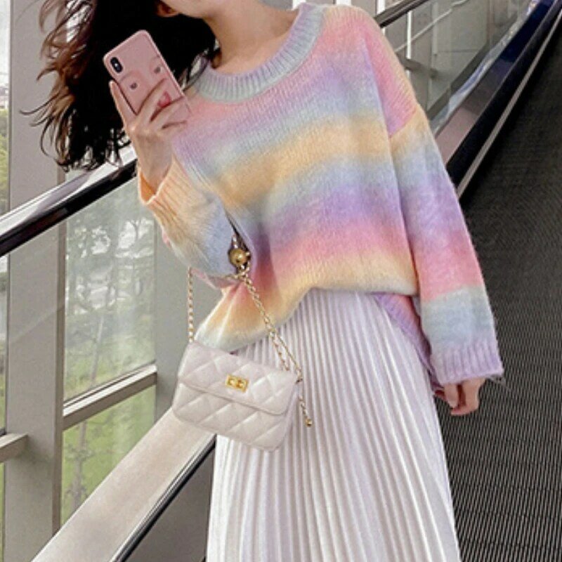 Women O-Neck Loose Casual Knitted Jumpers Chic Rainbow Stripes Pullover Sweaters Autumn Winter New Fashion Leisure Knit Sweater