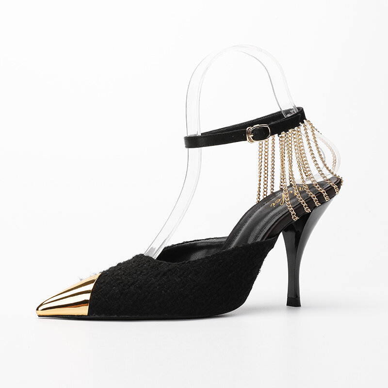 Chaussures à talons hauts avec chaîne et bout pointu pour femme, sandales d'été Sexy, clingback métallique, coupe en V, nouvelle collection 2022