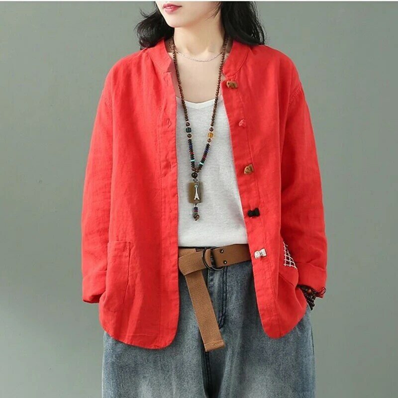 Nova chegada primavera verão artes estilo feminino manga longa solta casacos casuais algodão linho bordado vintage casaco s923