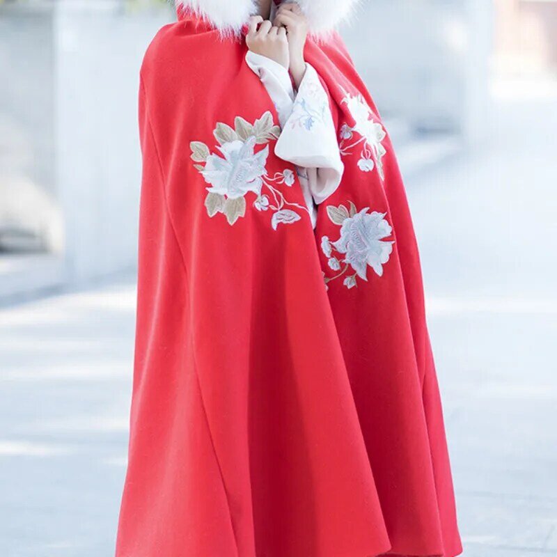 Autumn Winter Women Chinese Style Hanfu Cape Cloak Fairy Hooded Floral Embroidery Warm Coat Oriental Ancient Princess Overcoat
