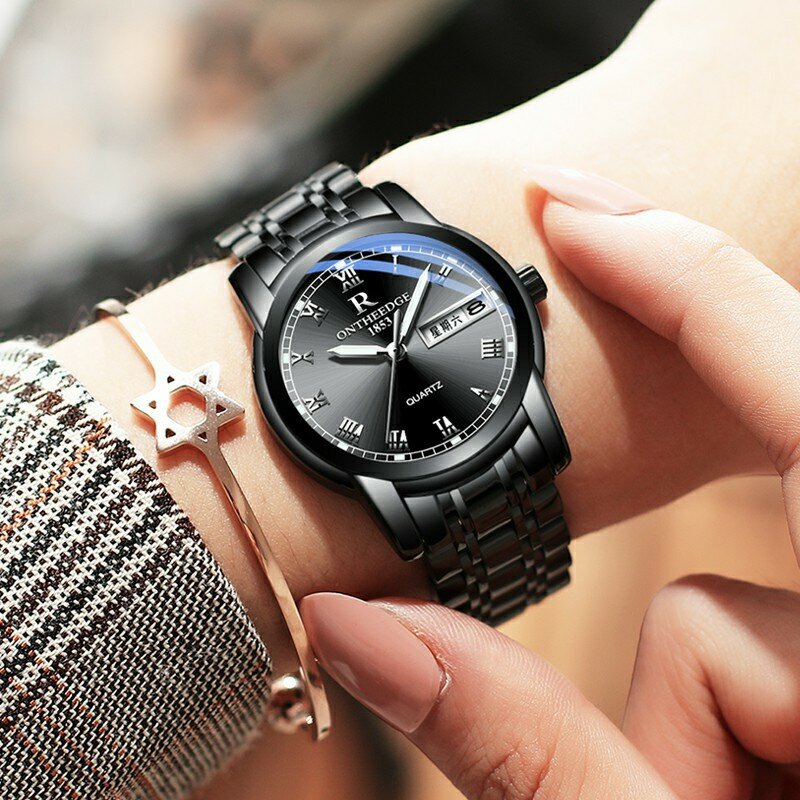 Часы Ruizhiyuan แถบเหล็กนาฬิกาผู้ชายผู้หญิงของแท้นาฬิกาควอตซ์-Pin Non-Mechanical นาฬิกา