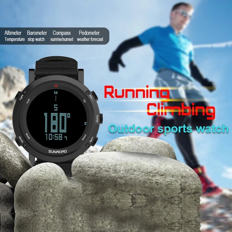 Sunroad Pria Olahraga Digital Barometer Altimeter Kompas Pedometer Tahan Air Watch Kalori Kasual Bercahaya Stopwatch Jam Tangan