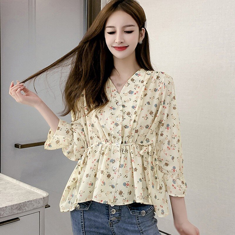 Primavera verão floral chiffon blusa feminina manga longa único breasted v pescoço causal blusas camisas coreanas w1