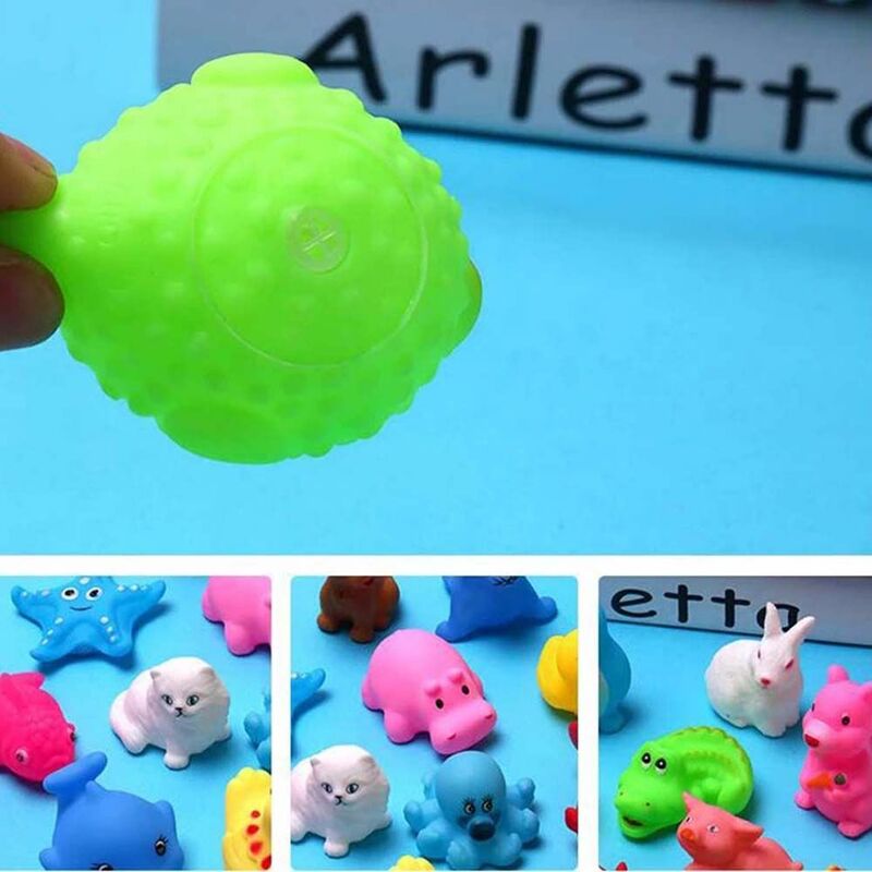 13 개 귀여운 동물 아기 샤워 장난감 다채로운 부드러운 고무 플로트 스퀴즈 사운드 수영 물 장난감 아기용 메쉬 가방