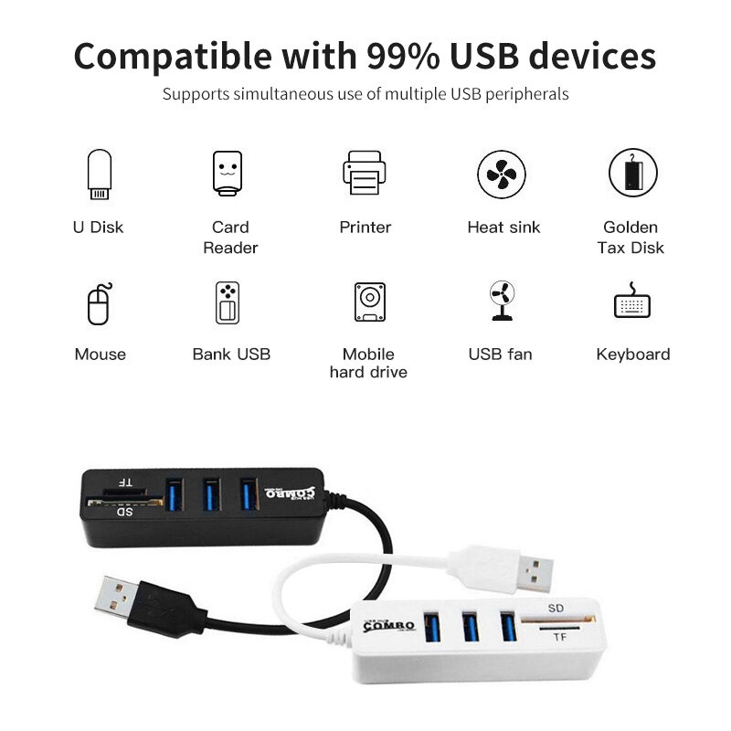 Ningún dinero de 3 puertos HUB USB con lector de tarjetas USB 2,0 Micro SD TF tarjeta de adaptador de computadora USB extender para el disco duro con cable de ratón del teclado