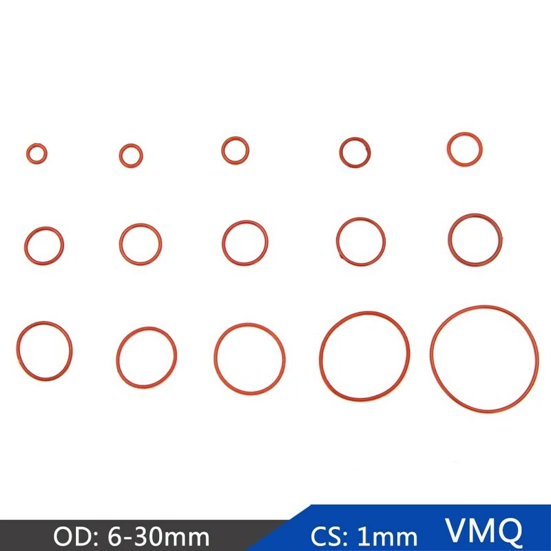 VMQ-junta tórica de sellado de goma de silicona, repuesto de anillos rojos, arandela OD 6mm-30mm CS 1mm, accesorios de bricolaje S92, 50 piezas