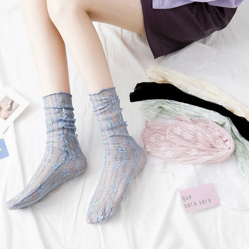 Dreamlikelin primavera verão feminino bonito rendas malha meias estilo coreano oco para fora flor respirável meias finas lolita menina meias