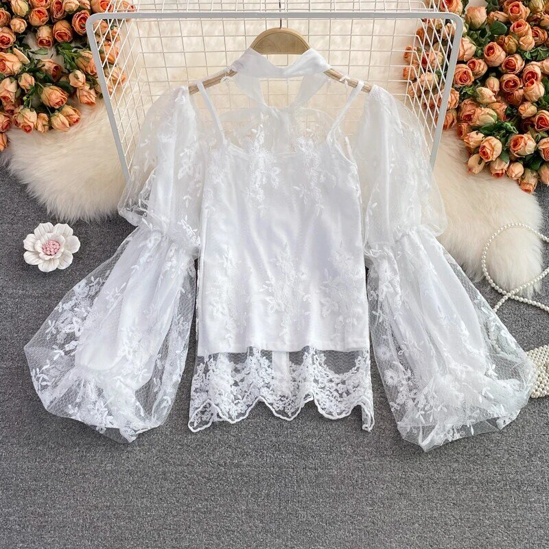 Korean Loose Bow Lace-Up Lantern Long Sleeved Women&#39;s Clothing Shirt Single-Breasted Fashion Sexy Perspective Blouse Female
