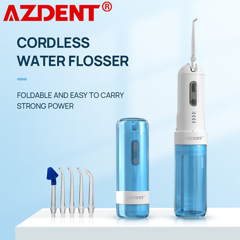 AZDENT-irrigador Oral AZ-007 para adultos y niños, limpiador de dientes de agua inalámbrico con recarga USB, plegable, de viaje, con 5 puntas de chorro y 4 modos