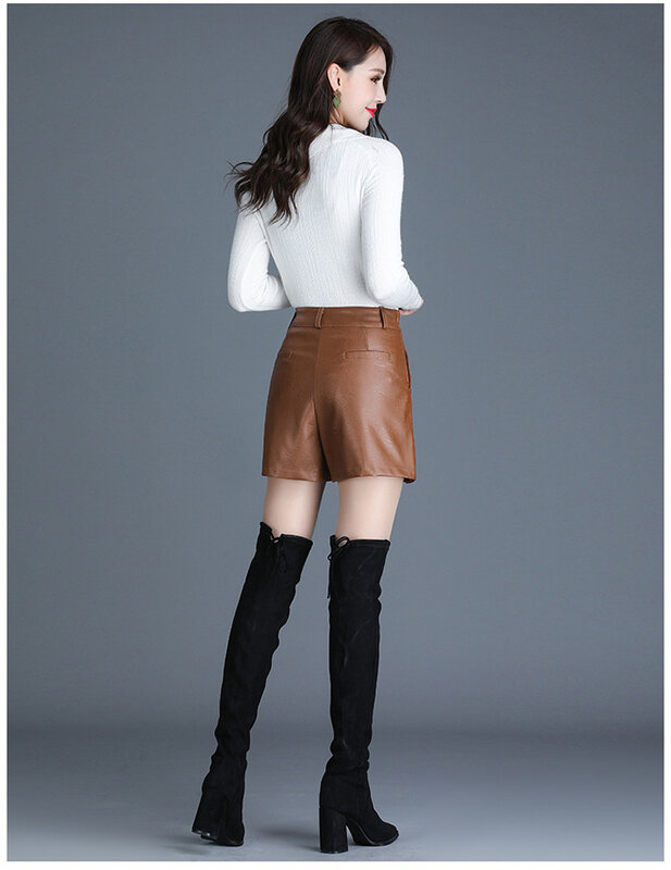Nova wome couro do plutônio inverno outono perna larga cintura alta saia shorts preto marrom cintura alta feminino coreano mini botas curtas k1571