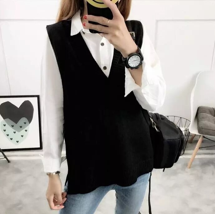 Women V Neck Sweater Vest Korean Preppy Style Solid Knitted Sleeveless Sweater Female Autumn Winter Casual Loose Pullover Jumper