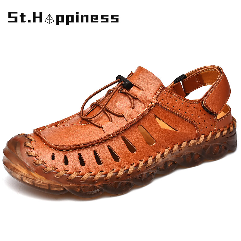 2021 Summer Men's Leather Sandals Fashion Breathable Lightweight Beach Sandals Outdoor Non-slip Soft Gladiator Sandals Big Size