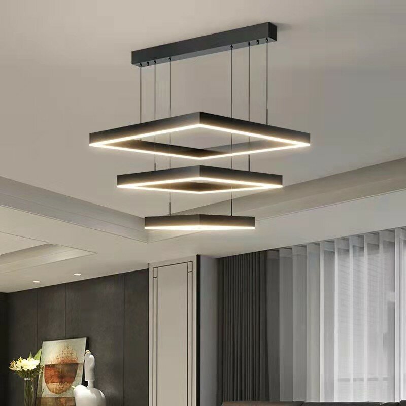Moderne Vierkante Led Plafond Kroonluchters Eetkamer Woonkamer Loft Zwarte Opknoping Lamp Home Decor Indoor Verlichting 110V 220V