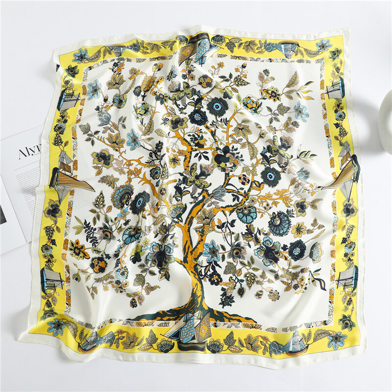 Foulard carré en Satin de soie pour femmes, 90cm, Hijab à la mode, motif Floral, bandeau pour sac, châle, Turban