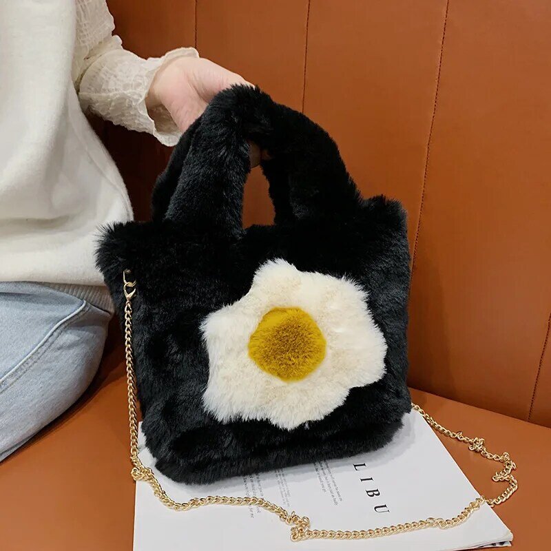 Zimowe pluszowe duże torby na ramię dla kobiet 2021 nowe luksusowe torebki moda jajko drukuj Faux Fur Casual Tote torba na zakupy panie