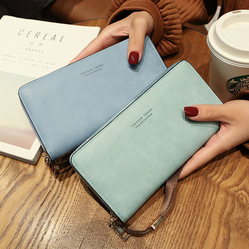 Carteira de couro pu com zíper feminina, carteira longa bolsa para celular fashion coreana com porta-cartões bancários com bolso de moedas