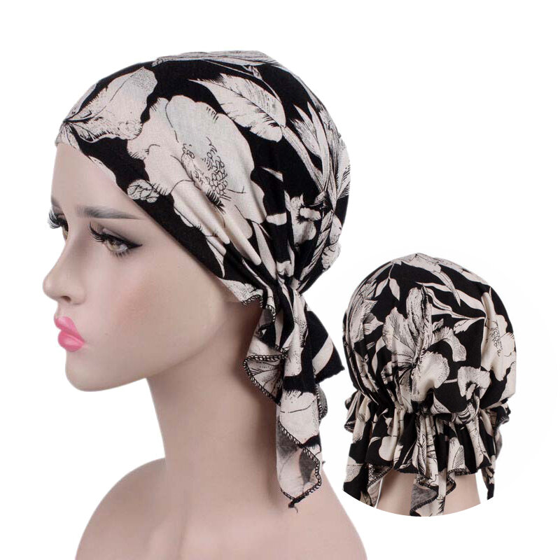 2021 새로운 패션 인쇄 여자 turban 모자 부드러운 탄성 꽃 레이디 이슬람 머리 장식 랩 스카프 hijab 모자 turbante 여성
