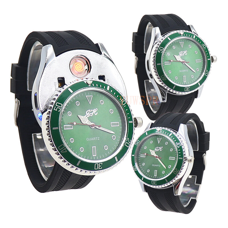 Reloj de cuarzo ligero para hombre, cronógrafo recargable con USB, manecillas luminosas, correa negra, verde fantasma, a la moda, JH333