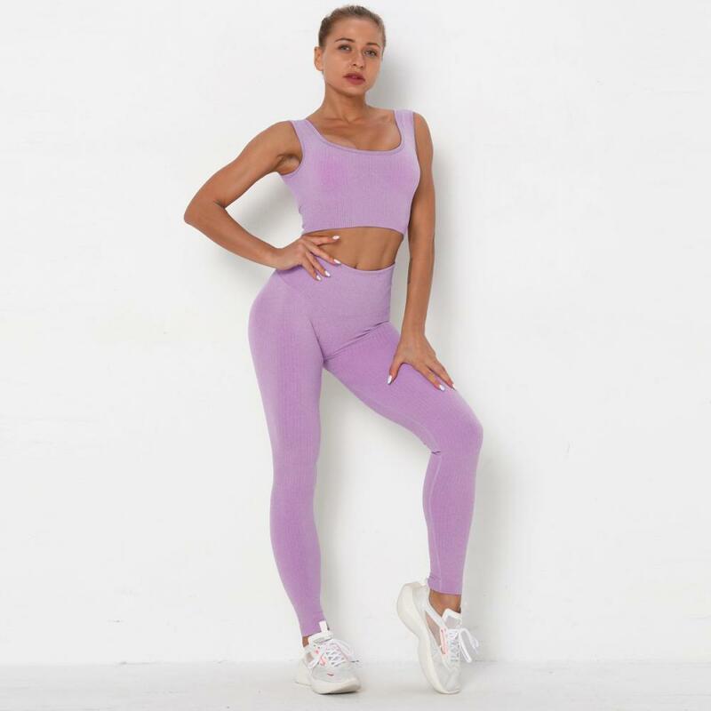 Set Yoga Olahraga Bergaris Legging Mulus Wanita Gym Bra Olahraga Push Up Kebugaran untuk Wanita Pakaian Gym Pakaian Olahraga Ketat
