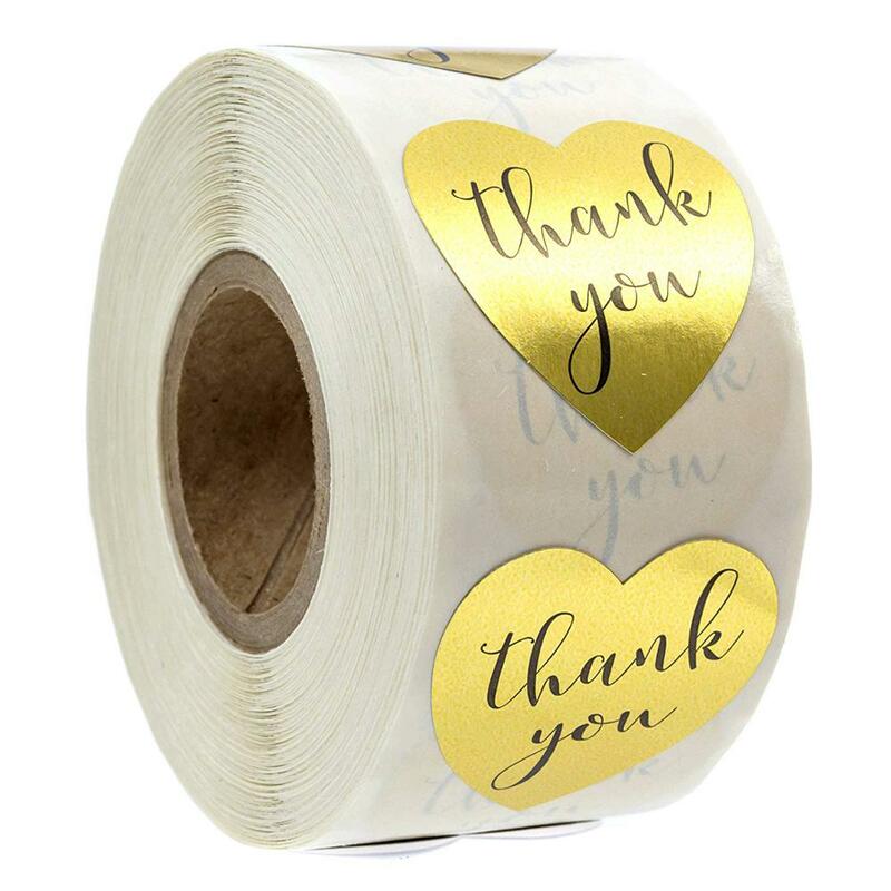 500 pces/rolo obrigado você adesivos 1 polegada ouro coração forma para o casamento bonito presente cartões envelope papelaria selagem etiqueta adesivos
