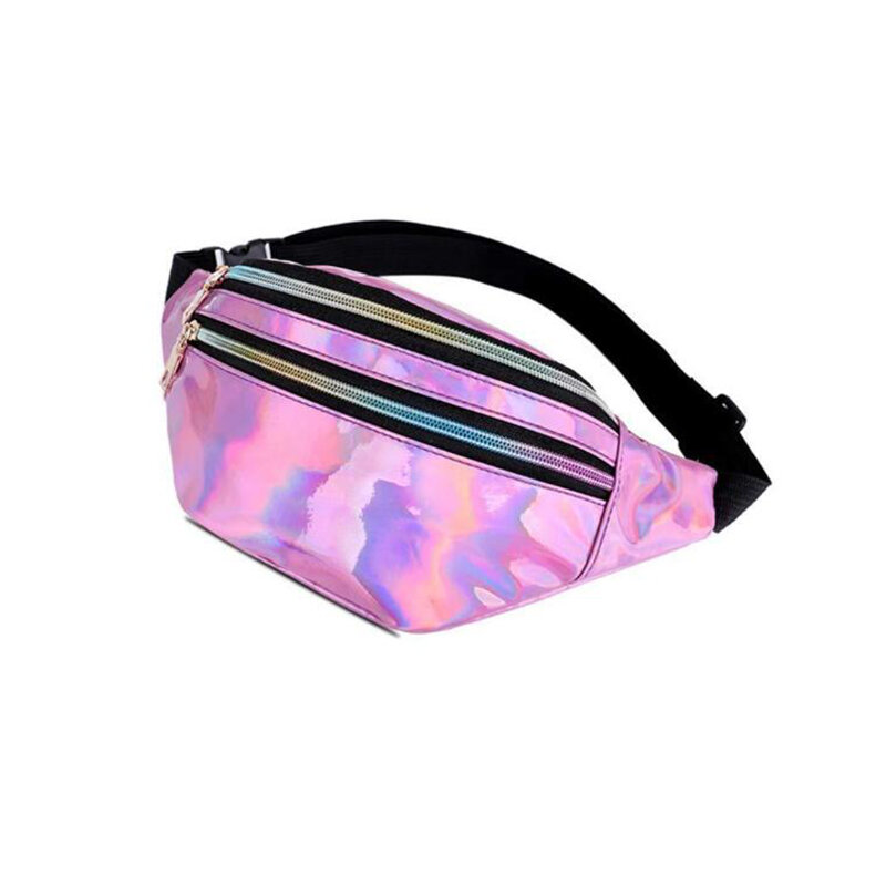 Uoscホログラフィックファニーパック女性シルバーレーザー火傷バッグ旅行光沢のあるウエストバッグファッションガールズピンク革ホログラムヒップバッグ