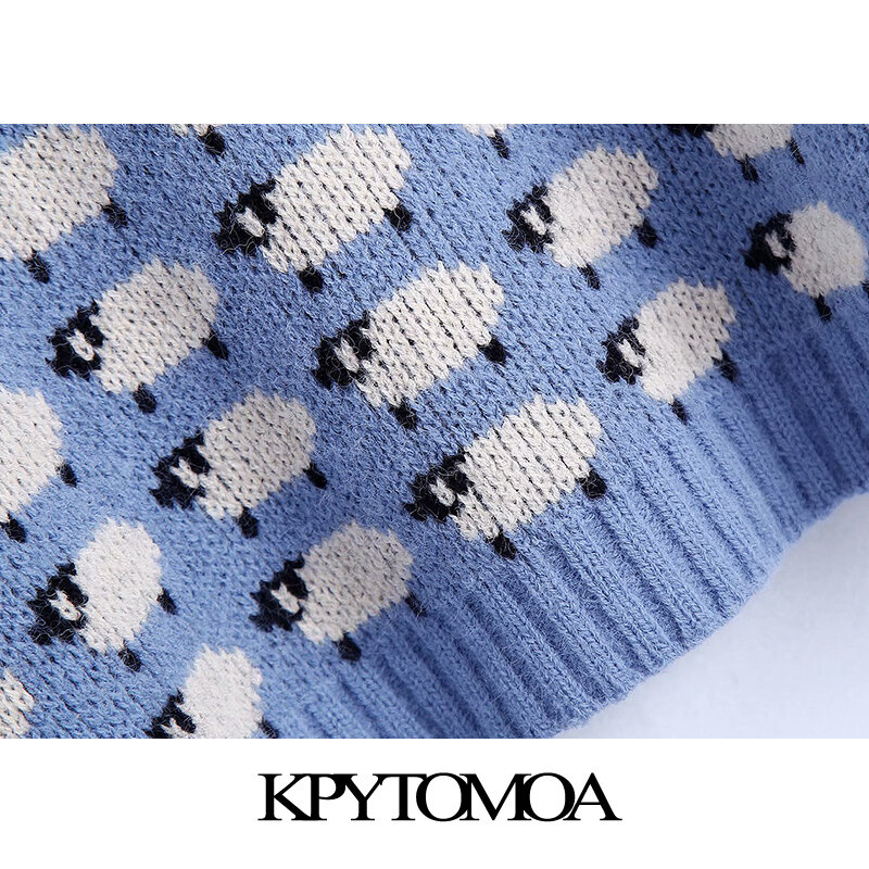 KPYTOMOA-suéter de Jacquard de punto con adornos acanalados para mujer, Jersey Vintage de manga larga con cuello redondo, Tops Chic 2020