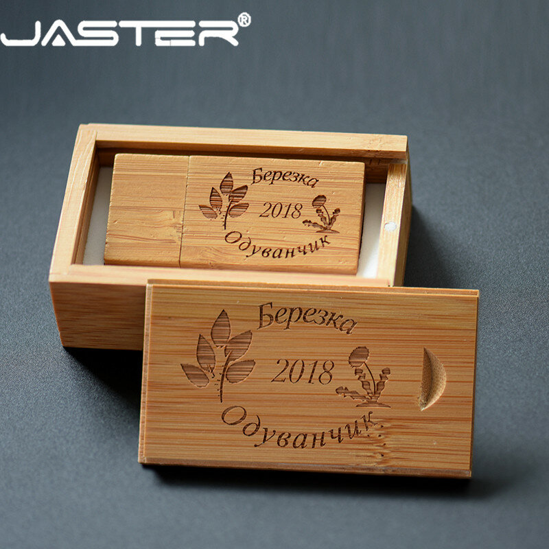 Jaster pendrive de madeira, usb + caixa de embalagem, 4gb, 128gb, 16gb, 32gb, 64gb, usb 2.0 (logotipo personalizado grátis)