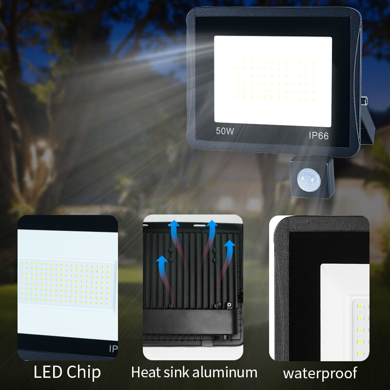 モーションセンサー付き防水ledフラッドライト,ip65規格に準拠,屋外照明,庭に最適,220/100w。