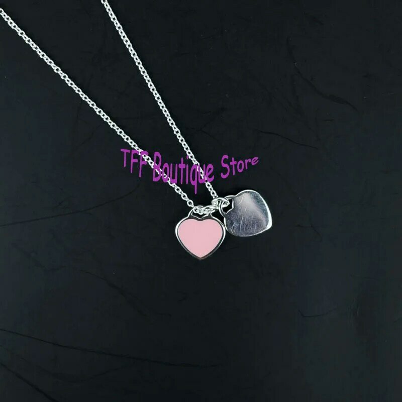Pingente clássico de coração duplo, colar com pingente de coração duplo de prata esterlina 925, moda, rosa, presente de joias para parentes