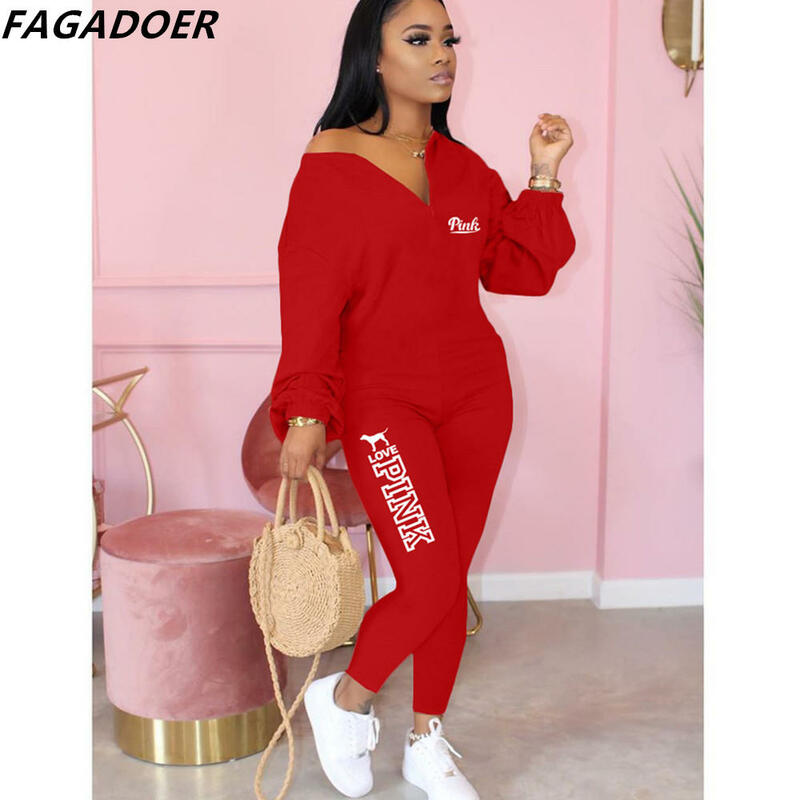 FAGADOER Women Casual PINK Letter Print Two Piece Sets Female V Neck Long Sleeve Top And Legging Pants Tracksuits Outfits 2022