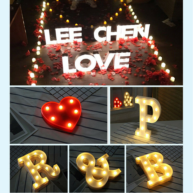 Luz nocturna con letras LED para decoración del hogar, lámpara creativa con 26 letras del alfabeto inglés, número de batería, decoración romántica de boda